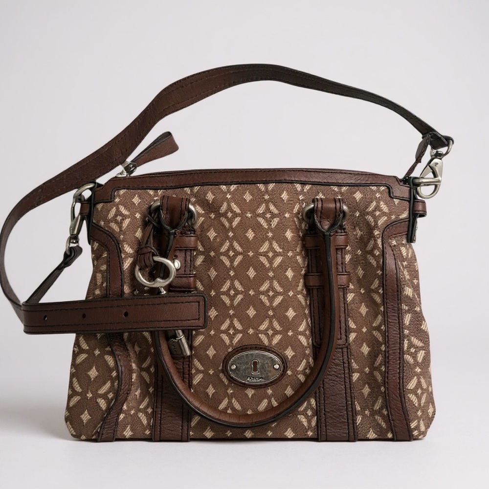 Vintage Fossil Brown Jacquard & Leather‎ Satchel Crossbody Bag Charm Key Logo